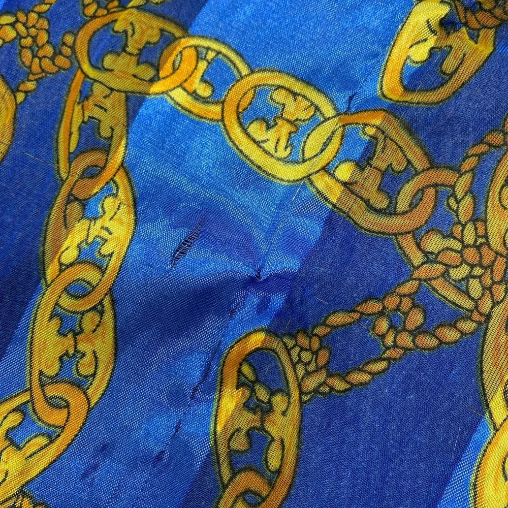 Vintage Style Gold Chain Link Blue Striped Lightweight Silk Feel Scarf